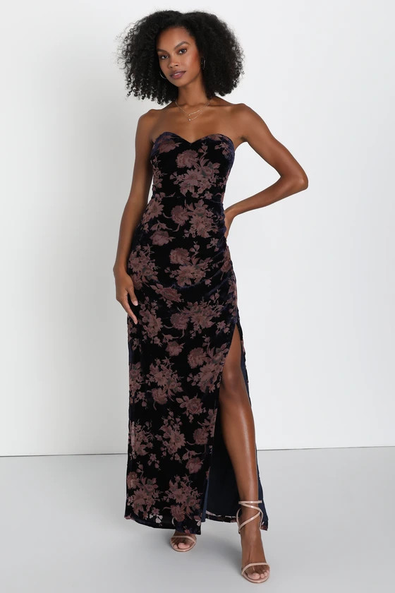 Exquisite Navy Blue Floral Burnout Velvet Strapless Maxi Dress | Lulus (US)