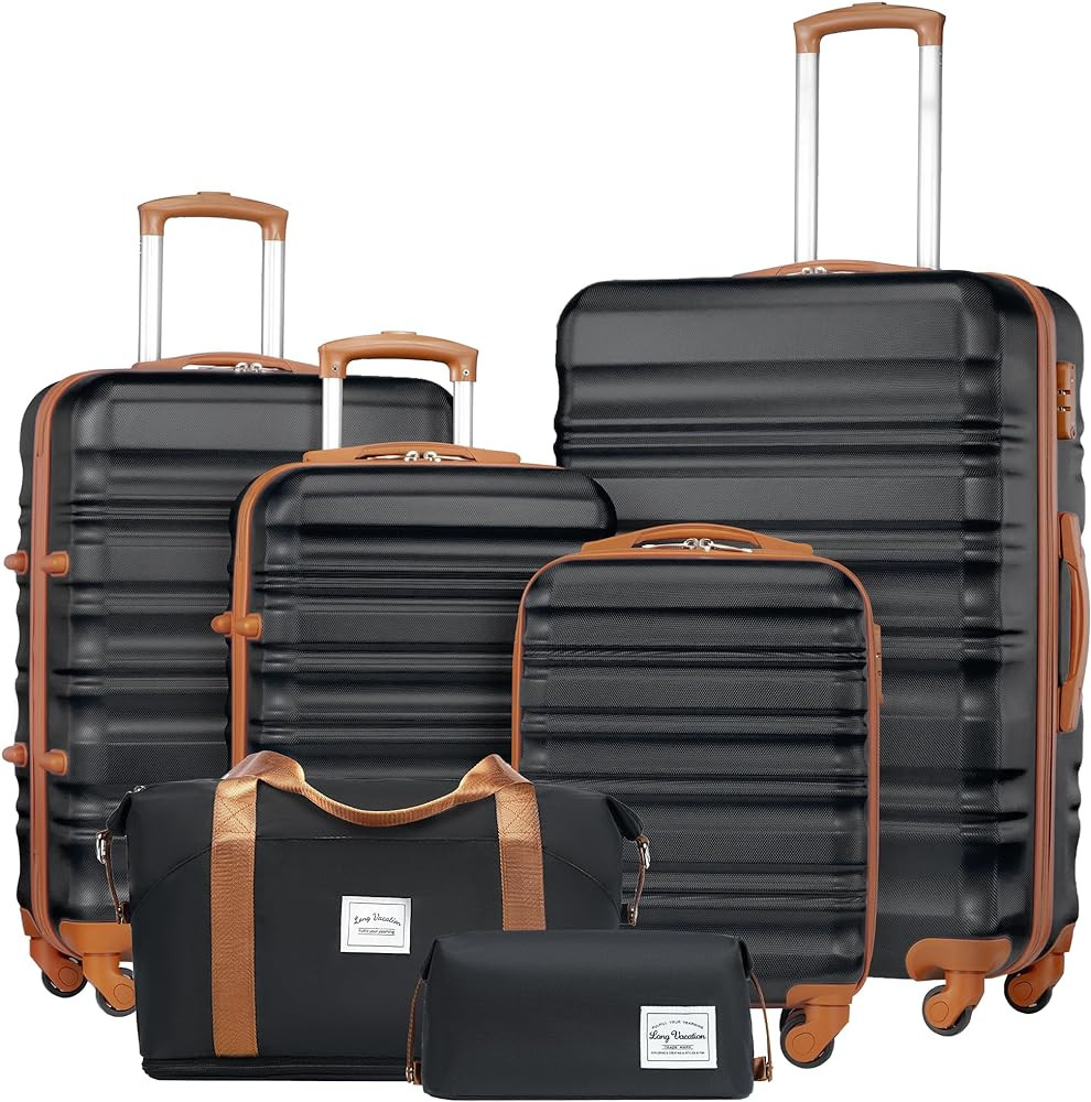 LONG VACATION 6 Piece Luggage Set ABS+PC hardshell Spinner Wheels BLACK-BROWN 6 piece set | Amazon (US)