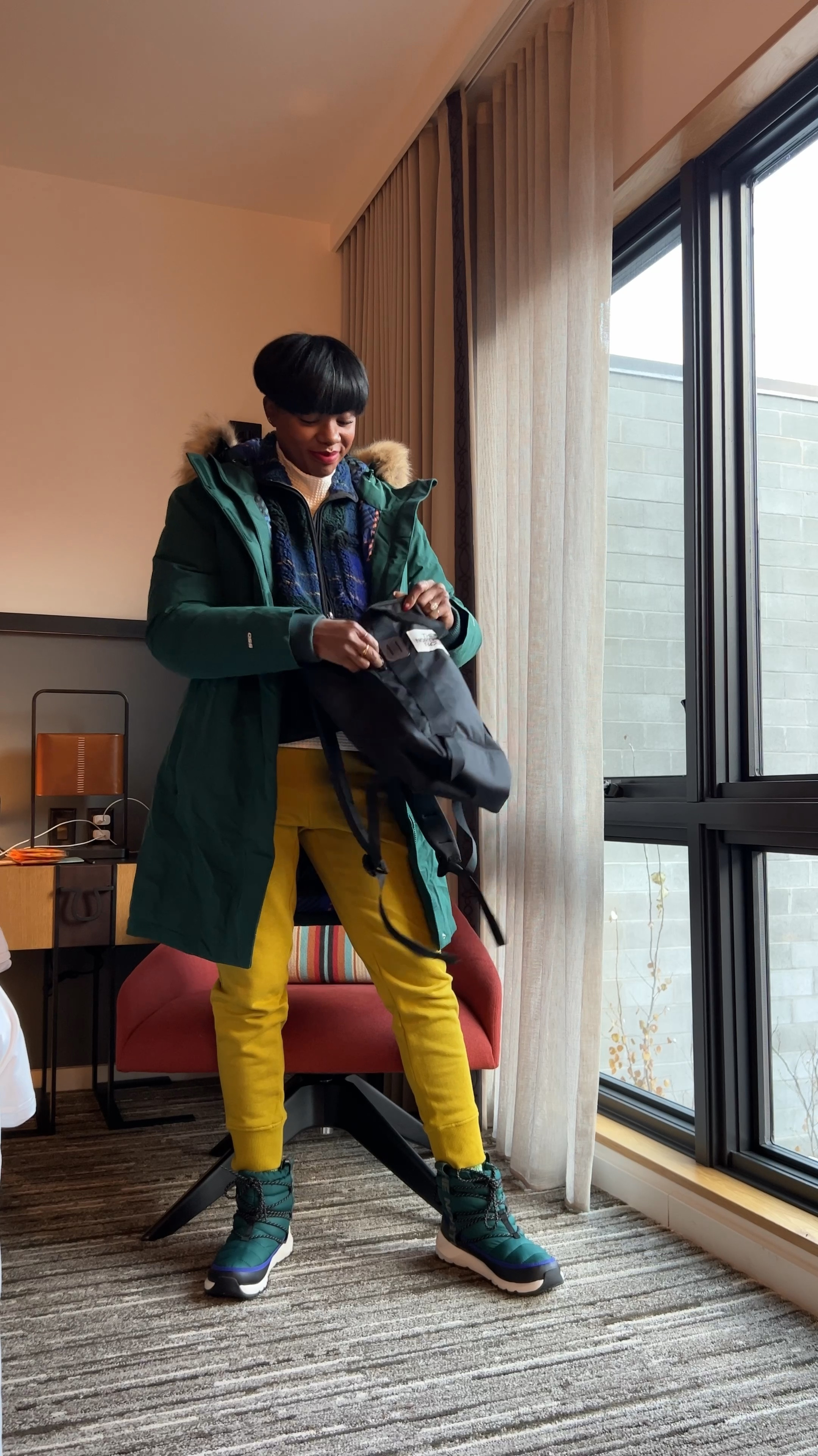 Outfit for a cold winter trip in Wyoming north face green parka, plaid Sherpa pullover, water proof snow boots, yellow sweat pants, north face tote bag  

#LTKtravel #LTKHoliday #LTKstyletip