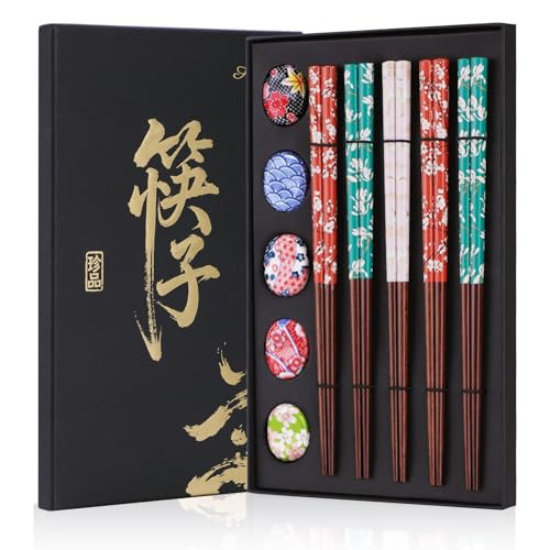 Antner 5 Pairs Reusable Wooden Chopsticks and Ceramic Rests Set, 8.8 Inch/22.5cm Classic Japanese Style Chopsticks with Holders for Ramen Sushi Asian Cuisine Lovers, Black Elegant Gift Box | Amazon (US)