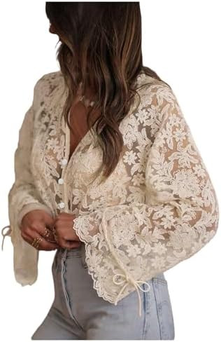 GORGLITTER Women's Lace Button Up Shirt Peasant Boho Embroidered Tops Long Sleeve Floral Sheer Bl... | Amazon (US)