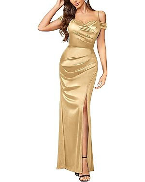 Miusol Women's Sexy Off Shoulder Satin High Split Ruched Style Evening Party Maxi Dress | Amazon (US)