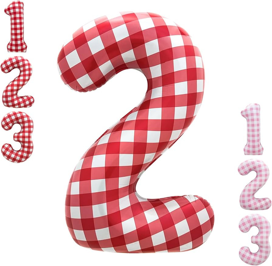 40 Inch Red Gingham Number 2 Balloon | Large Foil Checkered Balloon for Baby Girls 2nd Birthday P... | Amazon (US)