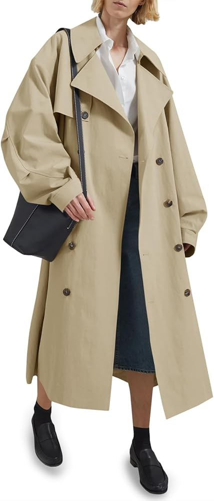 Tankaneo Womens Double Breasted Long Trench Coat Oversized Classic Lapel Belted Overcoat | Amazon (US)
