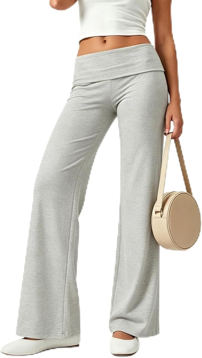 Fold Over Yoga Pants for Women Low Rise Straight Leg Sweatpants Y2k Solid Color Stretchy Loose Gy... | Amazon (US)