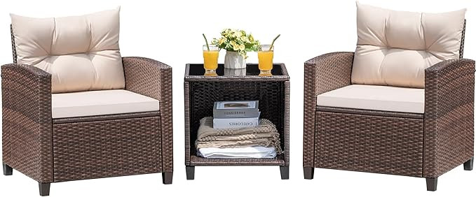 Devoko 3 Pieces Patio Furniture Set, PE Rattan Wicker Patio Set with Two Outdoor Chairs and Table... | Amazon (US)