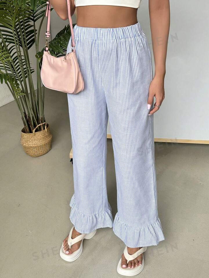 SHEIN EZwear Women's Elastic Waist Striped Straight Leg Casual Loose Pants | SHEIN