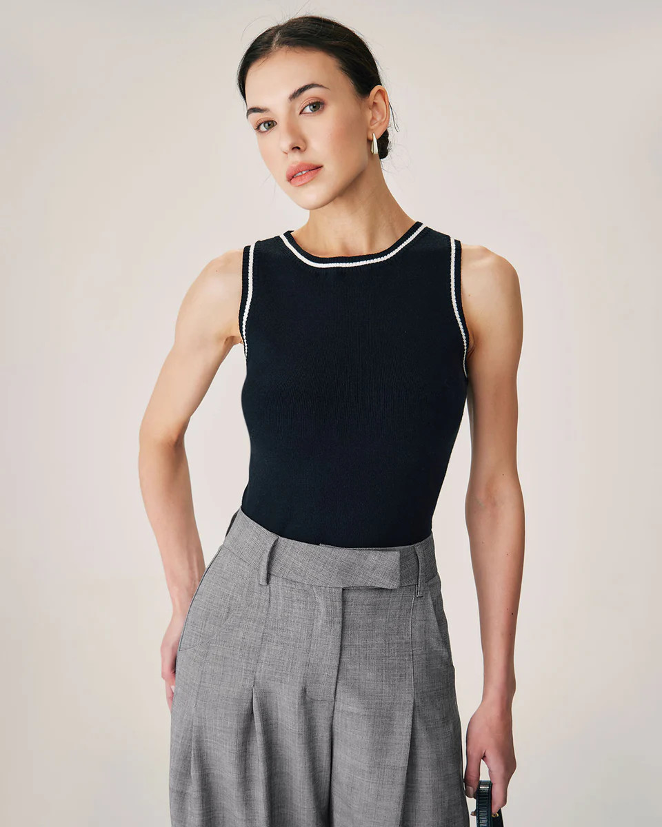Black Contrast Ribbed Knit Tank & Reviews - Black - Tops | RIHOAS | rihoas.com
