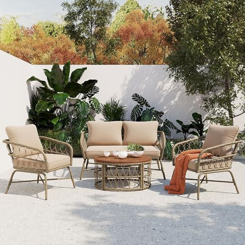 BIADNBZ 4-Piece Outdoor Patio Furniture Sofa Set, Bohemia-Inspired Rattan Conversation Loveseat Couch with Wood Round Table, Chairs and Removable Cushions for Balcony Garden Backyard, Beige | Amazon (US)