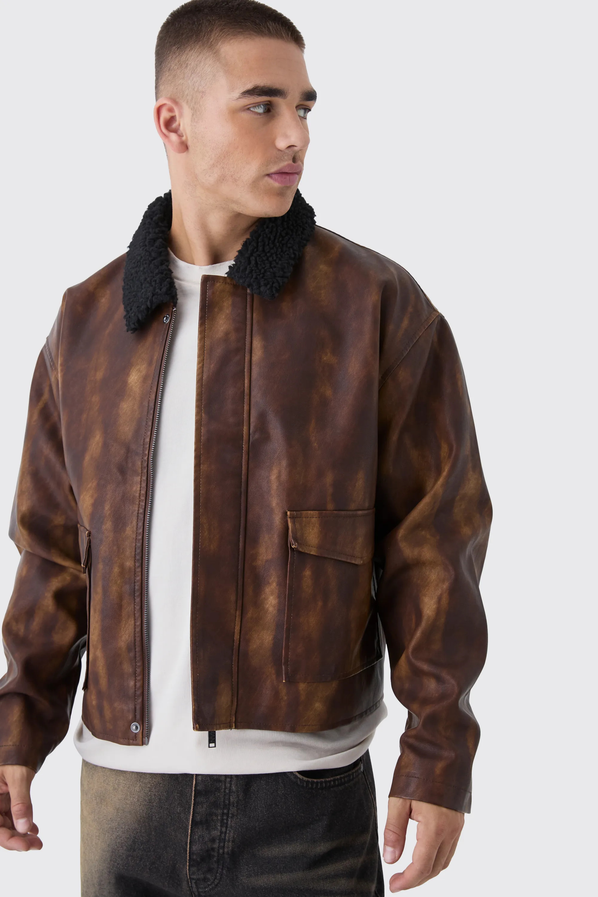 Jackets & Coats | Boxy Washed PU Harrington Jacket With Borg Collar In Brown | boohooMAN | boohoo (US & Canada)