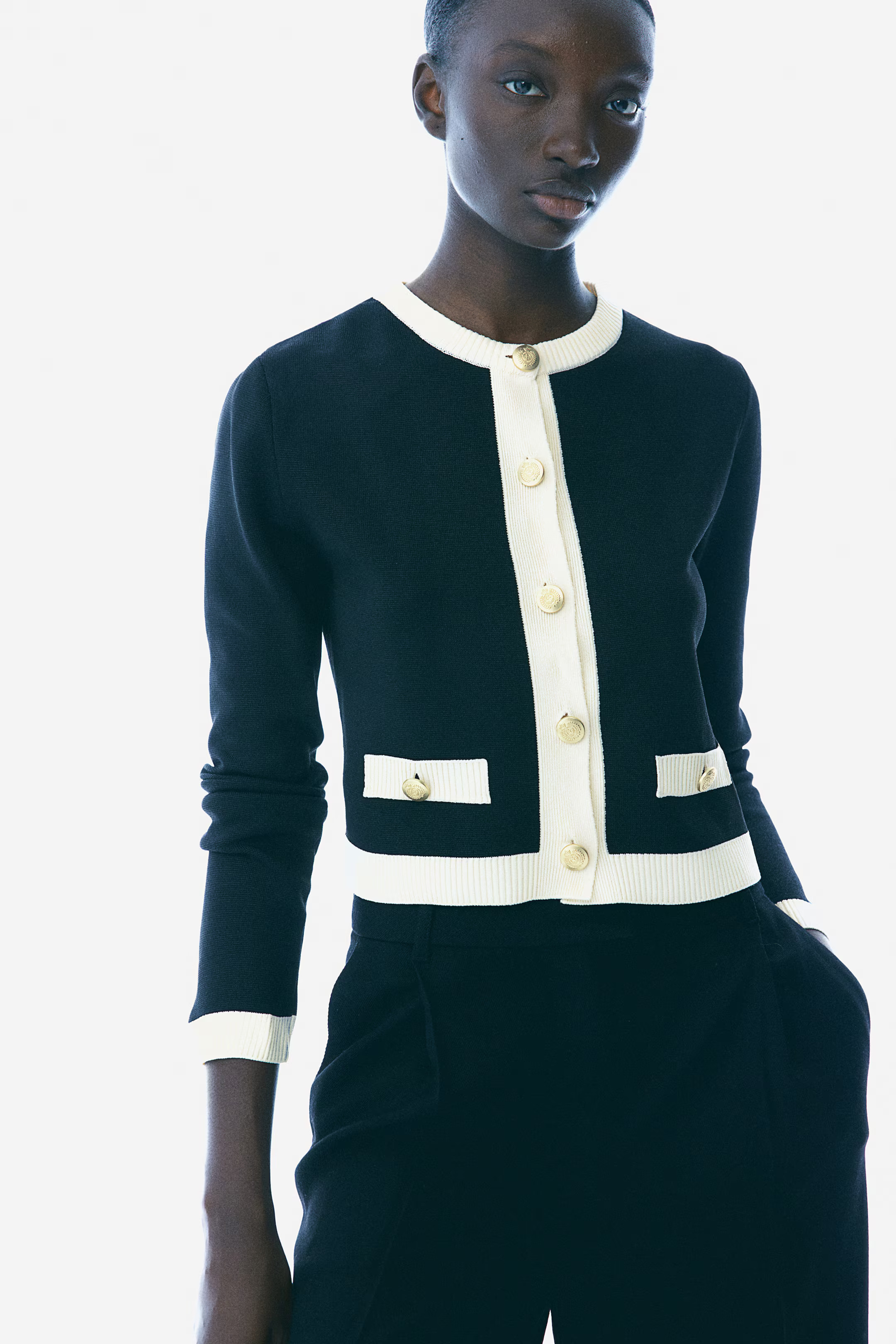 Fine-Knit Cardigan - Black/cream - Ladies | H&M US | H&M (US + CA)