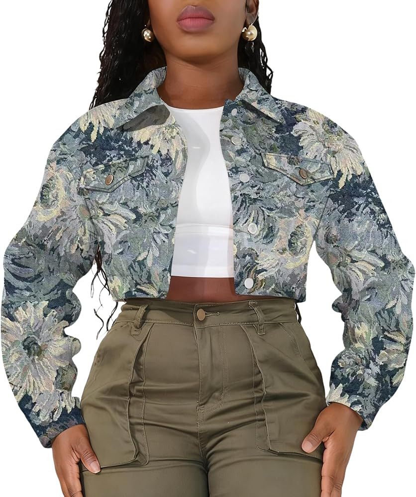 Cropped Jacket Women Bomber Short Jacket Y2K Jacquard Crop Floral Jackets for Women Trendy | Amazon (US)