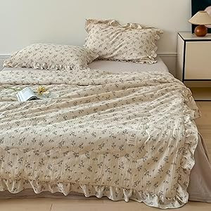 BuLuTu 100% Cotton Quilt with Ruffles 79"x90", Vintage Floral Quilts for Kids Girls Boys, Soft Br... | Amazon (US)