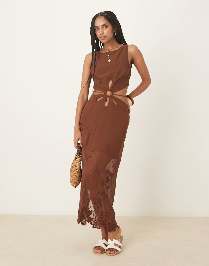 ASOS DESIGN floral embroidered cut out maxi dress in chocolate-Brown | ASOS (Global)