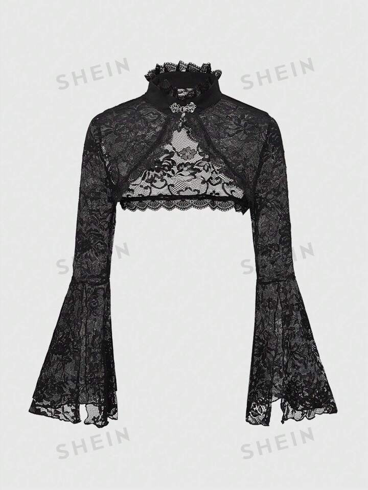 ROMWE Goth Gothic Style Bell Sleeve Lace Open Front Fashion Top | SHEIN