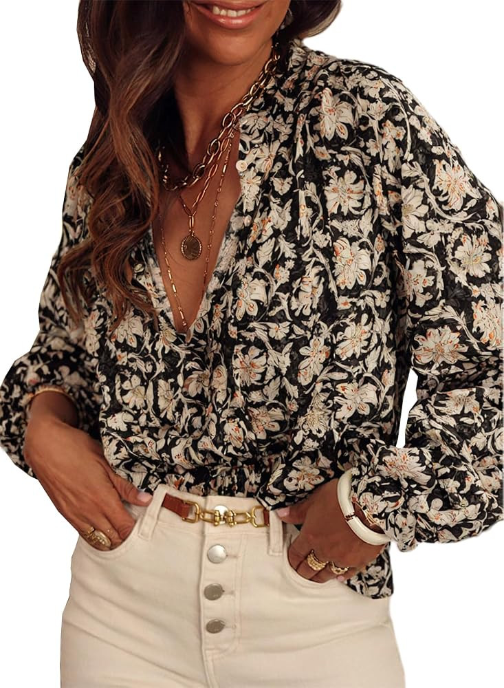 SHEWIN Women's Spring Tops Casual V Neck Long Sleeve Shirts Floral Boho Blouses | Amazon (US)