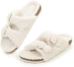 Amazon.com | FITORY Womens Open Toe Slipper with Cozy Lining,Faux Rabbit Fur Cork Slide Sandals B... | Amazon (US)