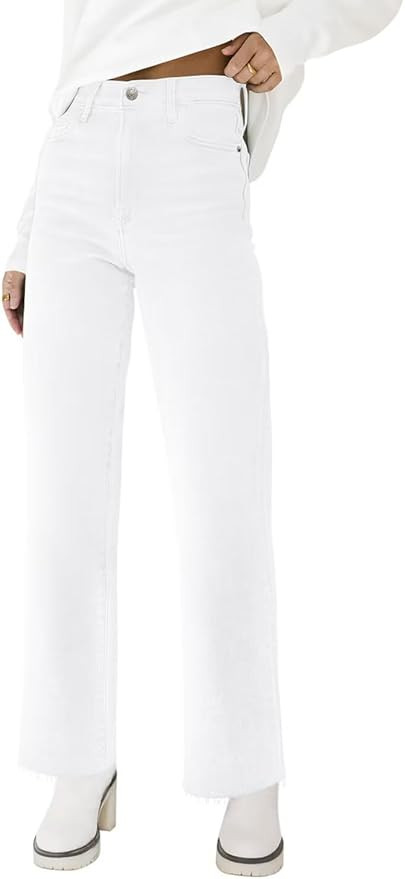 KDF Straight Leg Jeans for Women High Waisted Jeans Frayed Baggy Pants Raw Hem Loose Stretchy Cro... | Amazon (US)