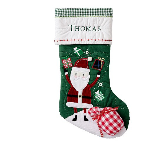 Juggling Santa Green Quilted Christmas Stocking | Pottery Barn Kids