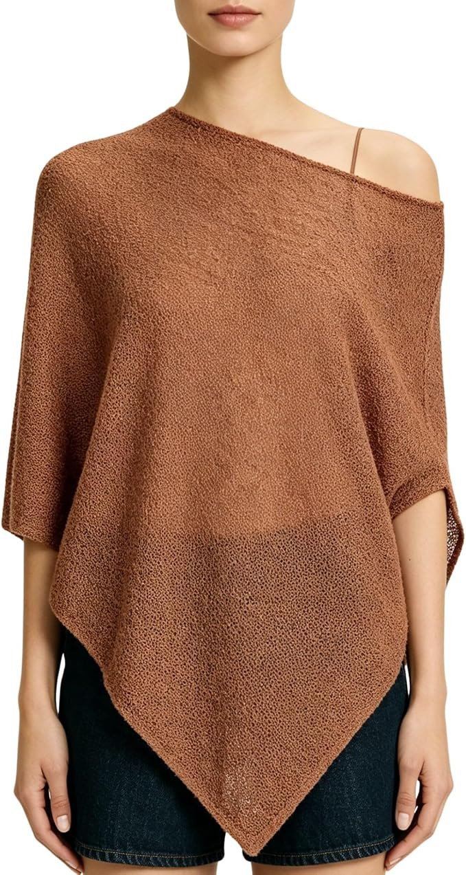 Chevara Women’s Asymmetrical Knit Sweater Boat Neck Batwing Sleeve Loose Fit Sheer Poncho Croch... | Amazon (US)