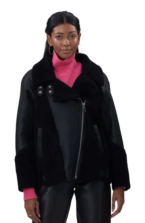 GORSKI Genuine Shearling Zip Moto Jacket in Black/black at Nordstrom, Size Small | Nordstrom