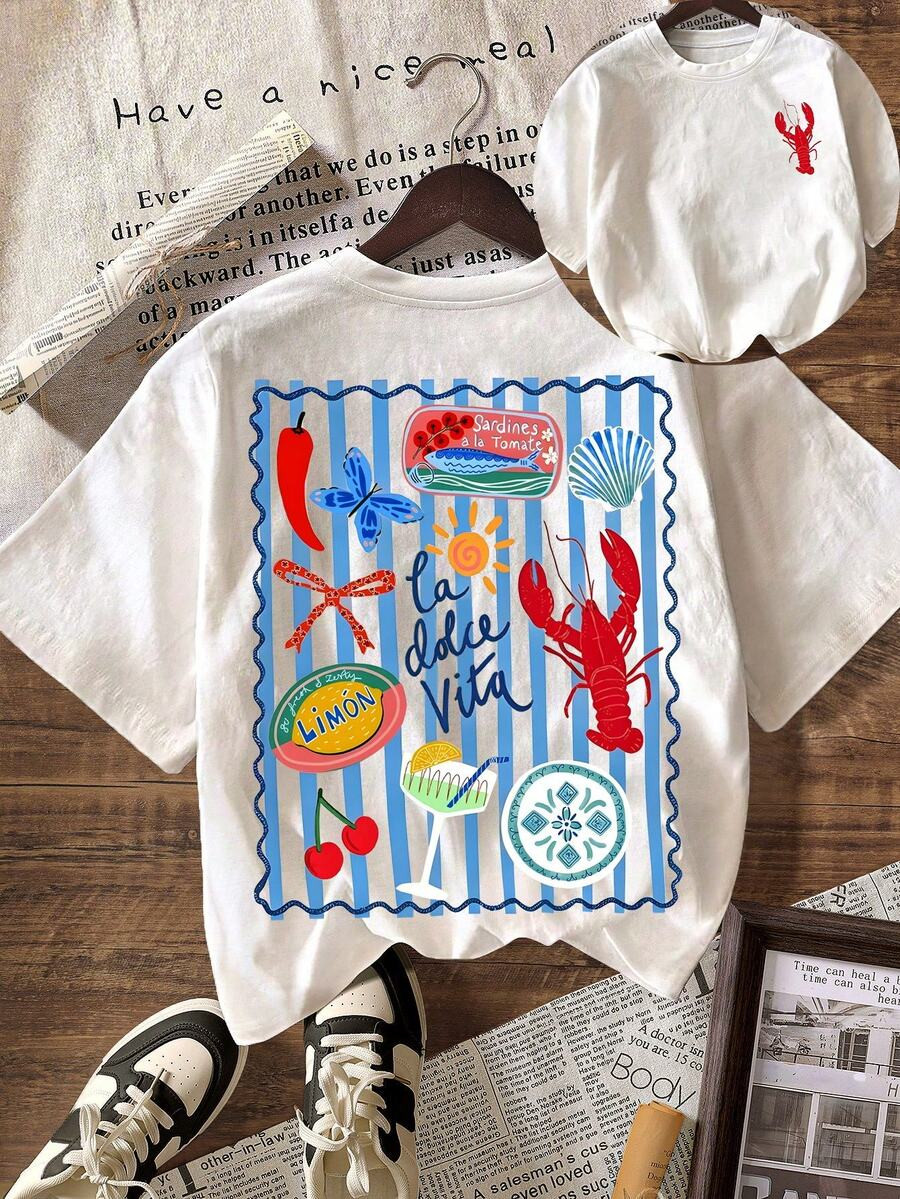 Striped Lobster Graphic T-Shirt, Women's Casual Round Neck Short Sleeve Simple T-Shirt, Summer Va... | SHEIN