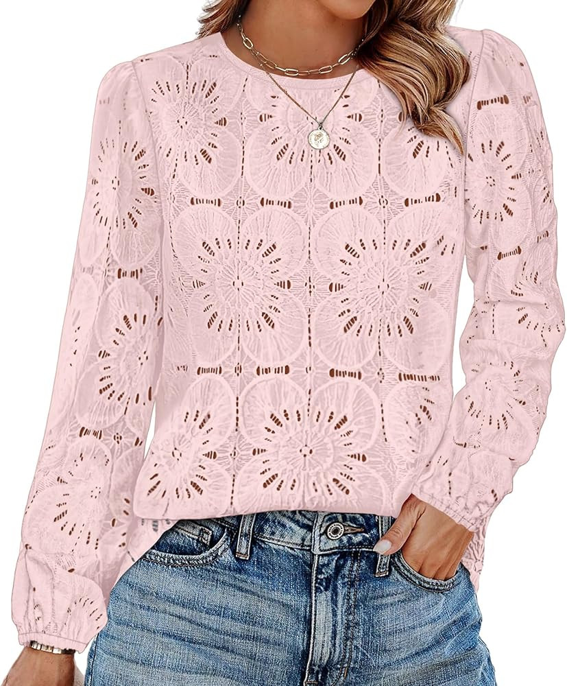 OFEEFAN Blouses for Women Dressy Casual Spring Tops 2026 Summer Outfits Flower Lace Crochet Long ... | Amazon (US)