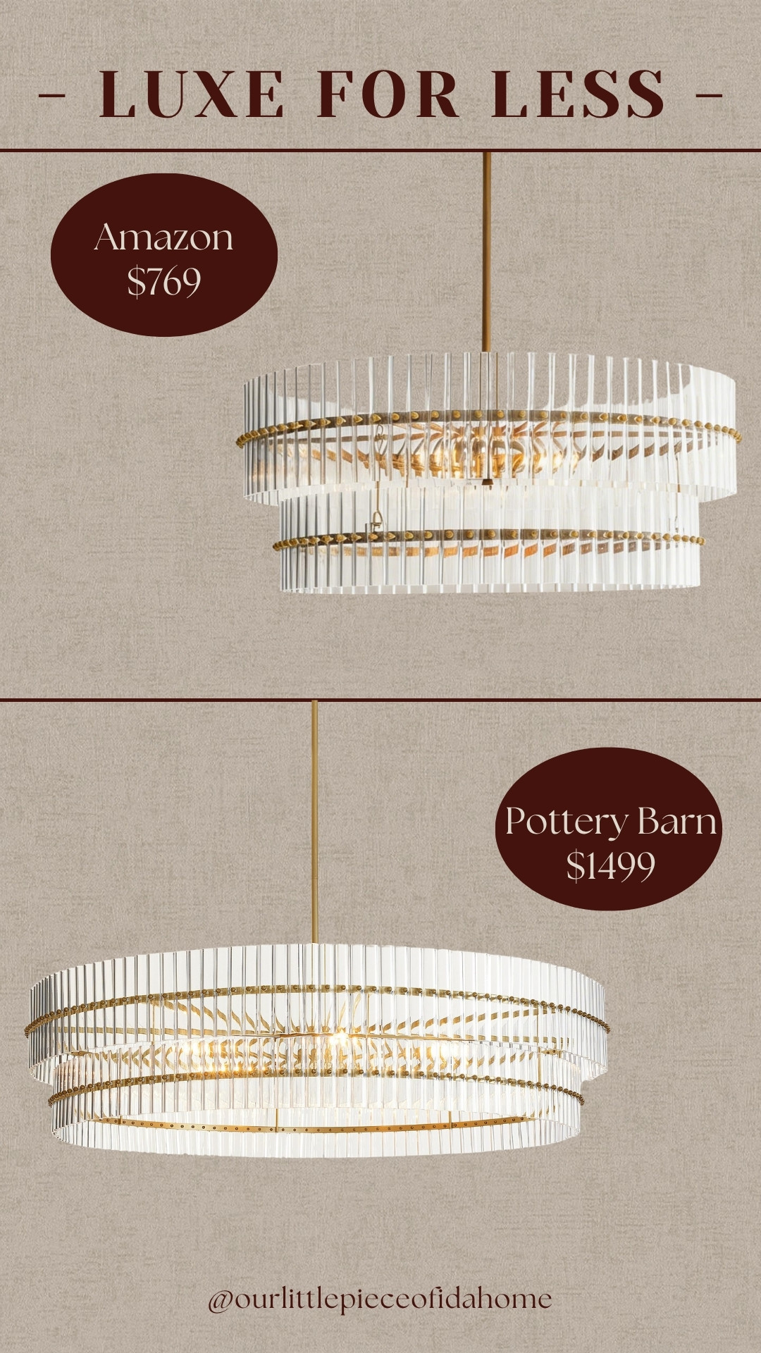 I found this chandelier that gives the same layered glass and brass look for significantly less.

I like how the shape feels substantial and polished while still keeping the space light and open.

It’s a statement piece that elevates a room without stretching the budget.
@pottery barn
@Amazon
 

 