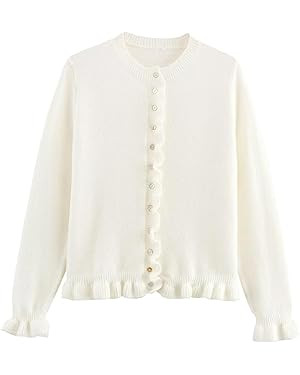 FindThy Women’s Cropped Cardigan Sweater Trendy Crewneck Ruffle Long Sleeve Button Down Knitwea... | Amazon (US)