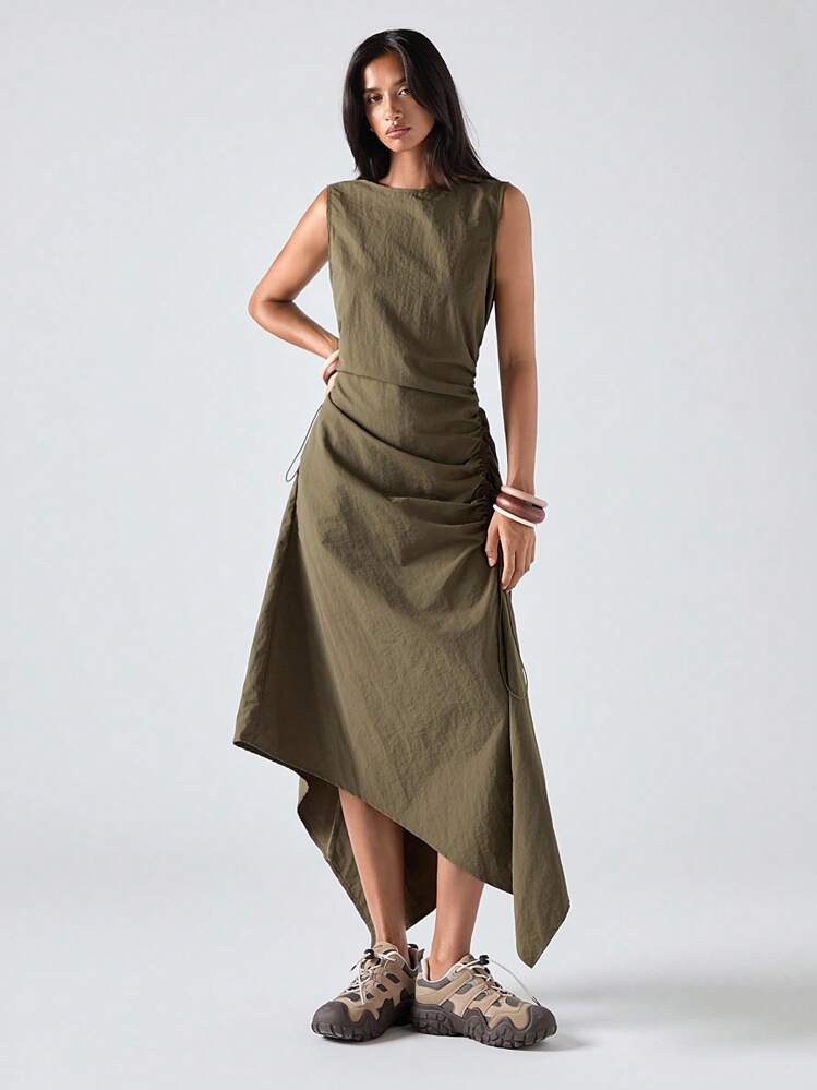 LYSMO 2025 New Arrive Minimalism Fall Women's Outdoor Plain Round Neck Sleeveless Pleated Asymmetrical Hem Casual Midi Dress For Going Out Outfits, Back To School, Graduation, Streetwear Casual Outfits Woman,Casual Dresses For Women | SHEIN