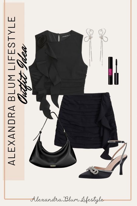 Cute girls night out outfit idea from Abercrombie! Best dressed guest dress outfit with a matching two piece set in black ruffle mini skirt!black shoulder purse, mascara, and dangle earrings and bow black heels! Amazon fashion! Amazon finds! Abercrombie outfit! 

#LTKmidsize #LTKstyletip #LTKshoecrush