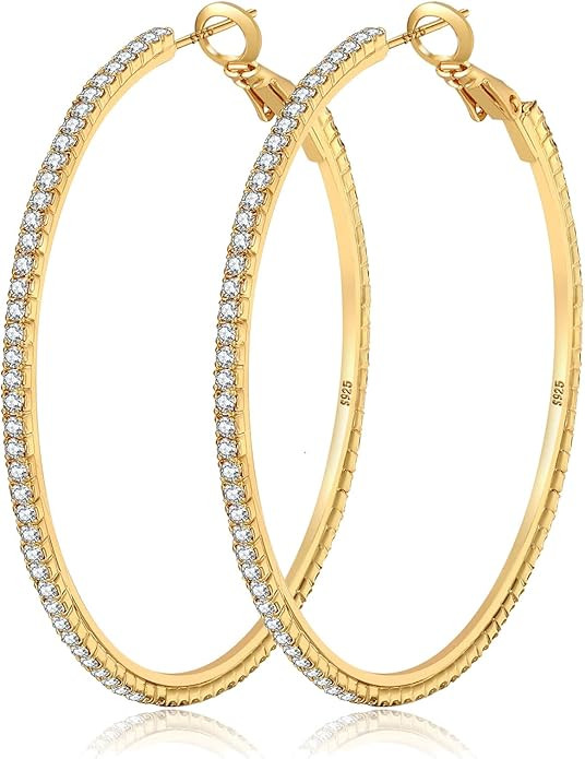 MOROTOLE 14K Gold Rhinestone Hoop Earrings Fashion Thin Big Hoop Earrings Hypoallergenic Gold Hoo... | Amazon (US)