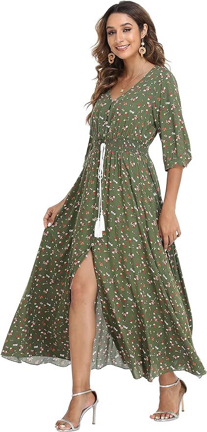 VintageClothing Women's Floral Maxi Dresses with Sleeves Flowy Boho Beach Dress | Amazon (US)