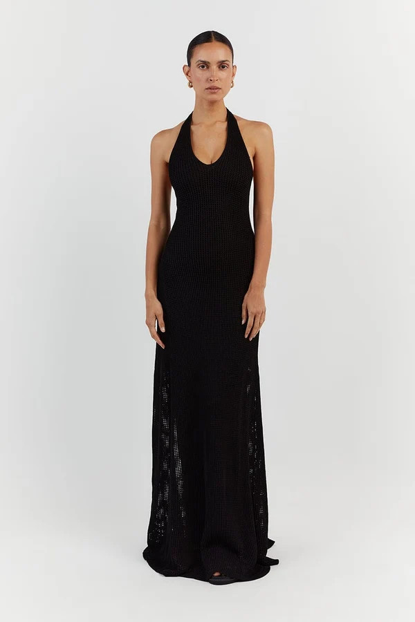 OPHELIA BLACK CROCHET HALTER MIDI DRESS | DISSH
