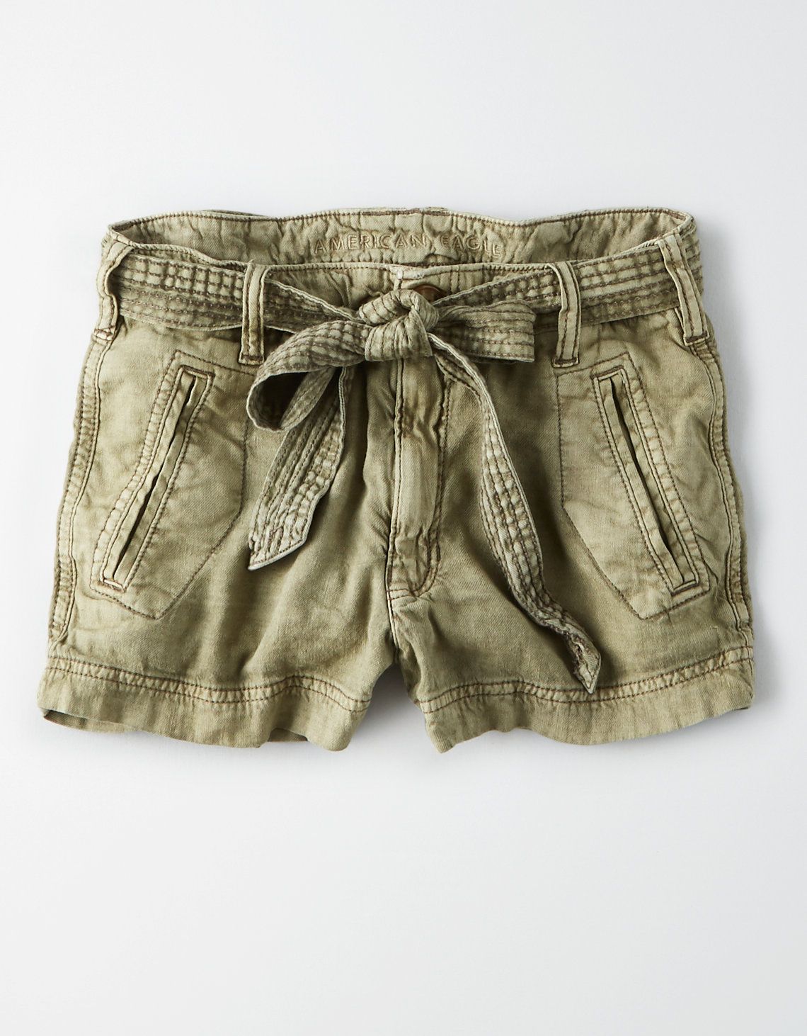 High-Waisted Tie Waist Linen Short, Olive | American Eagle Outfitters (US & CA)