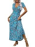 HUHOT Women's Short Sleeve Wrap V Neck Dresses for Wedding Guest Summer Floral Maxi Sundresses wi... | Amazon (US)