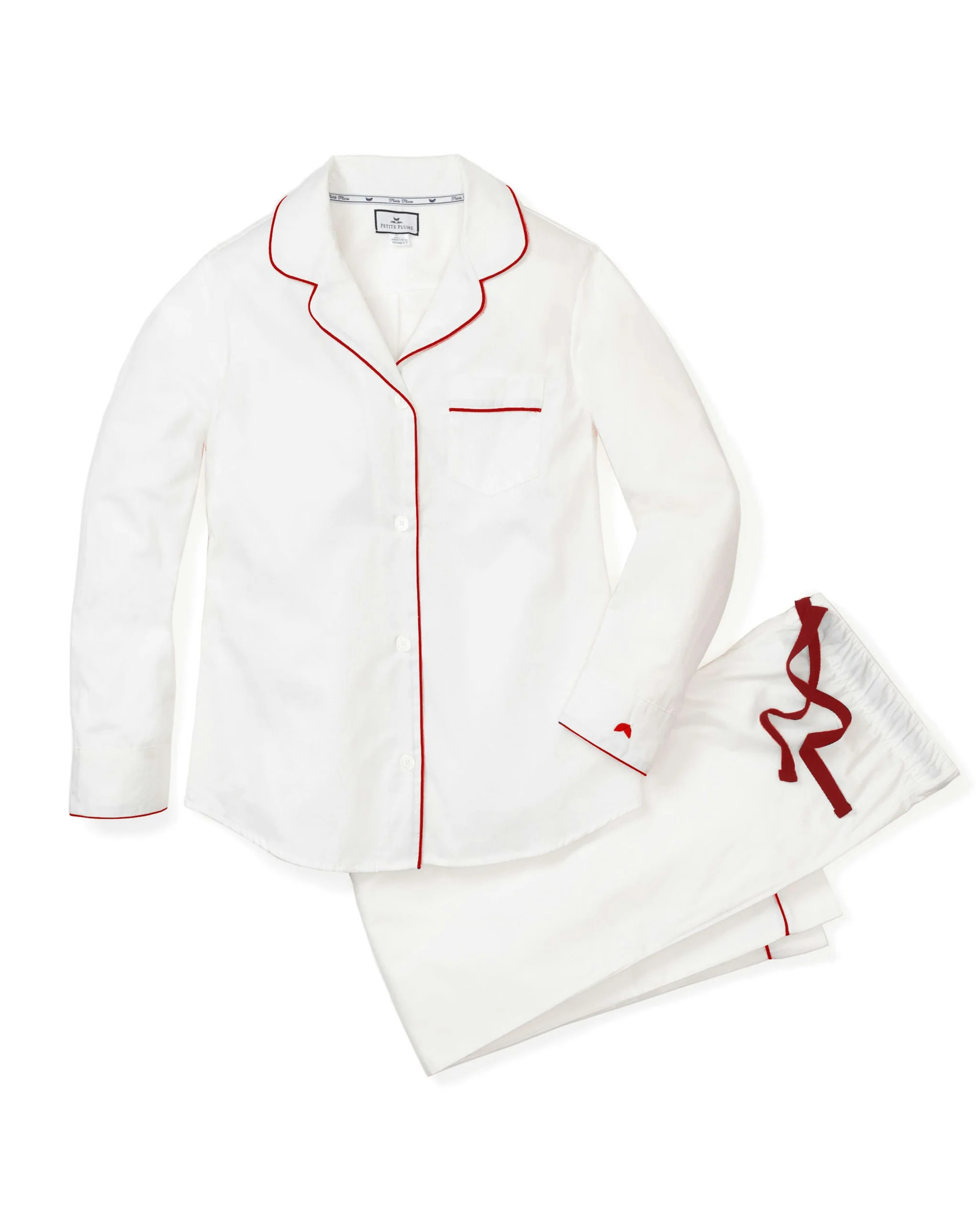 Women's Twill Pajama Set in White With Red Piping | Petite Plume