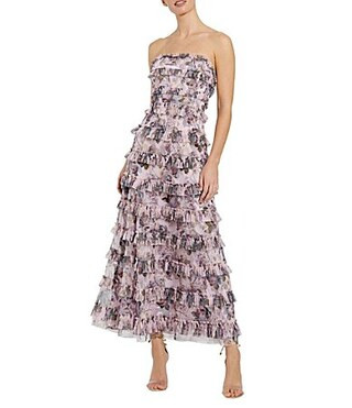 Mac Duggal Chiffon Floral Print Strapless Neck Sleeveless Ruffle Tiered A-Line Maxi Dress - 2 | Dillard's