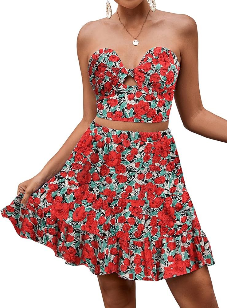 Rooscier Women's Two Piece Outfit Floral Tube Cami Crop Top and Ruffle Mini Skirt Set | Amazon (US)