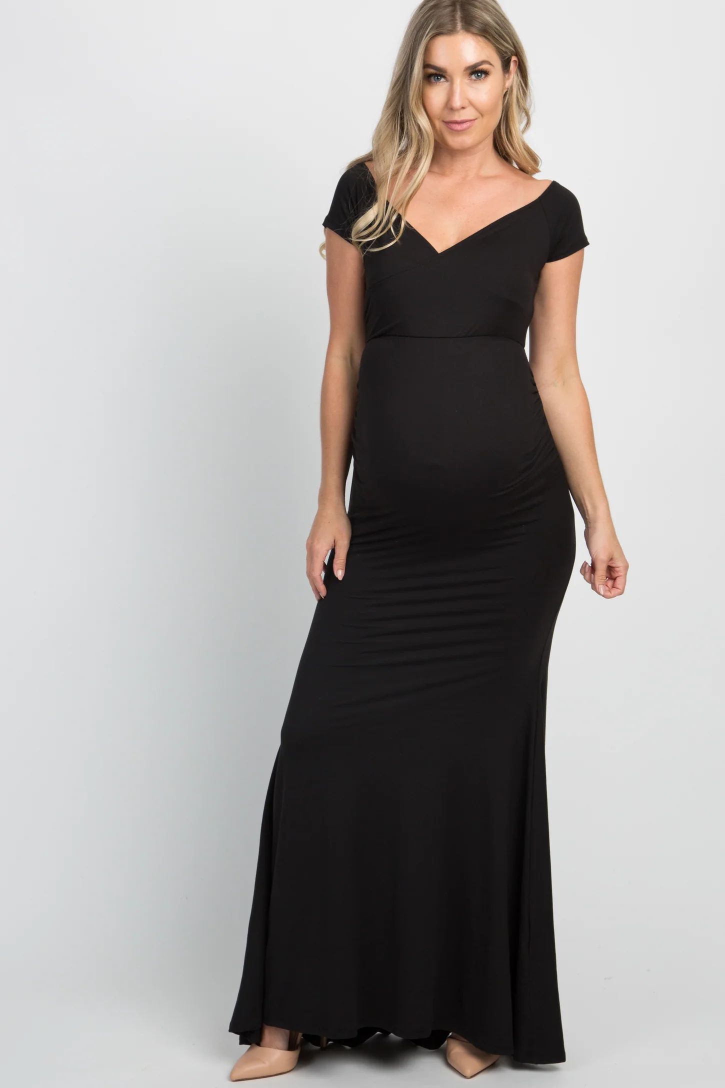 PinkBlush Black Off Shoulder Wrap Maternity Photoshoot Gown/Dress | PinkBlush Maternity