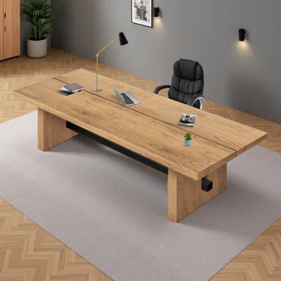 Modern Minimalist Executive Desk, 102.36-inch Solid Wood Computer Desk, with Faux Leather Black Office Chair Set | Wayfair North America