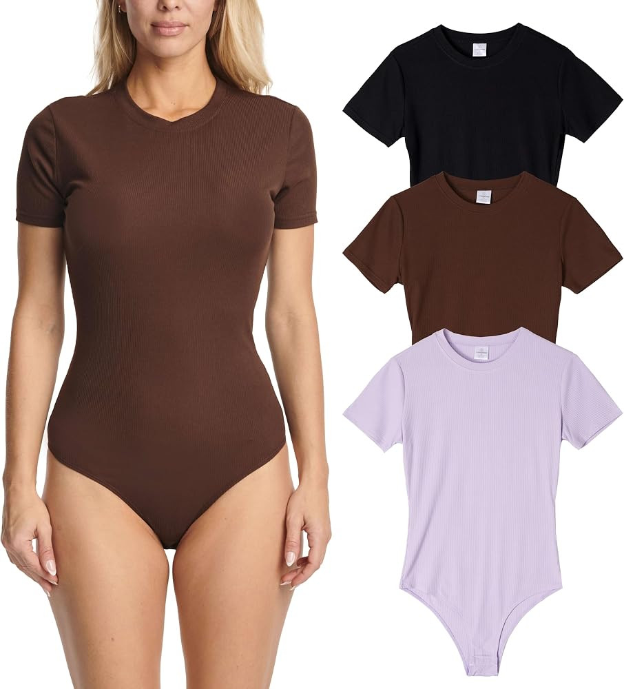 Real Essentials 3 Pack: Women's Round Neck Short Sleeve Ribbed Shapewear Bodysuit Shirt Tops - (A... | Amazon (US)