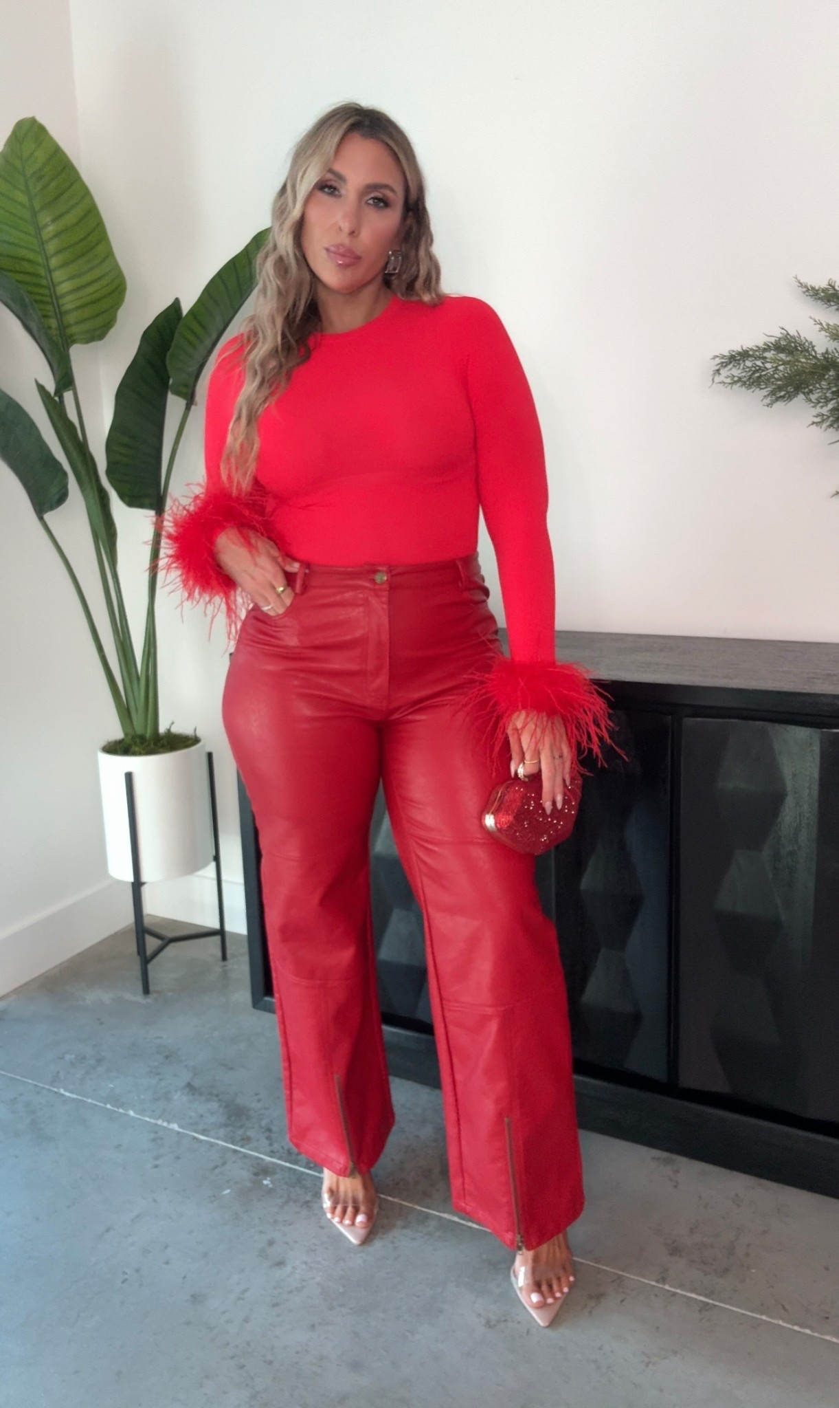 valentine’s day outfit 

bodysuit has a waist snatching panel size med/large (very stretchy size down). I added the feather cuffs. I also added another vendor selling similar feather cuffs. 

Abercrombie curve love this exact wash is sold out. Linked the same style in a similar wash. I size down to the 30L (10)  for a snug fit. (slight stretch) 

pants fashionnova.com can’t mink here search up the name of the pants: Hot N' Spicy Faux Leather Pant. wearing my true size extra large they do stretch.

#LTKMidsize #LTKValentine