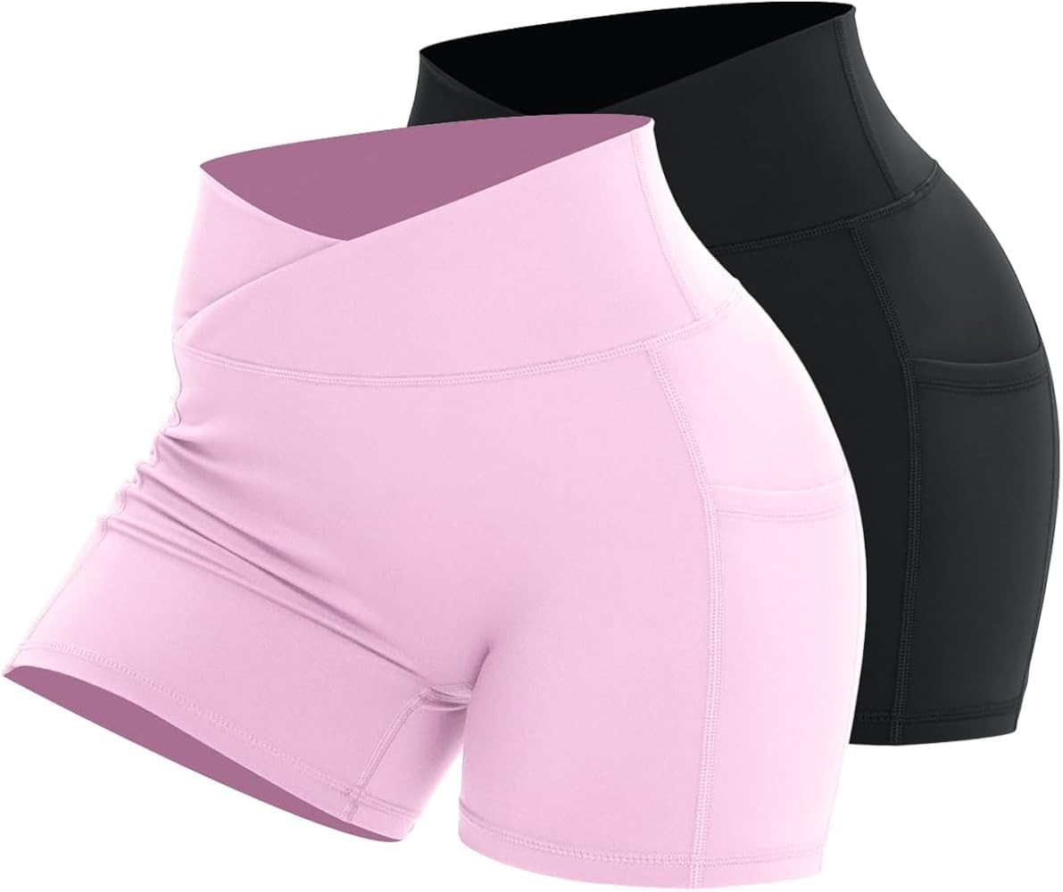 Workout Shorts for Women 2 Pcs Pack Cross Waist Active Gym Spandex Stretchy Yoga Compression with... | Amazon (US)