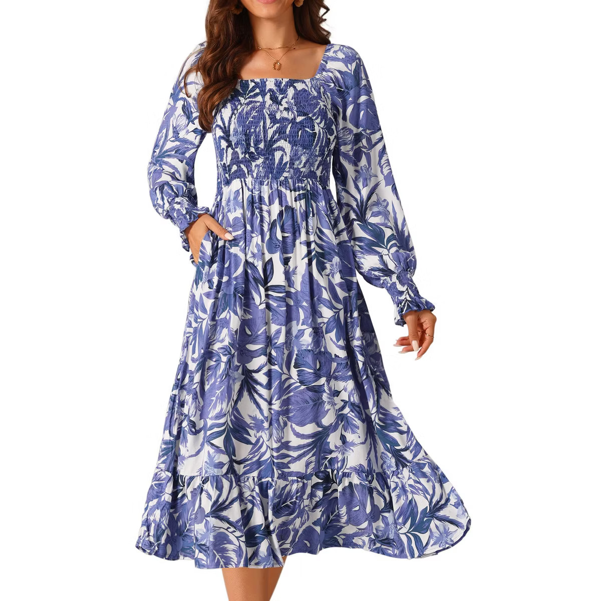 Seta T Women's Floral Long Sleeve Square Neck Smocked Ruffle Hem Flowy Midi Dress with Pockets | Target