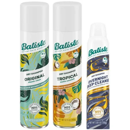 Batiste Dry Shampoo Variety 3-pack Refresh Hair and Absorb Oil Between Washes Waterless Shampoo for Added Hair Texture - Original Fragrance Tropical Fragrance & Overnight Deep Cleanse 5.71 oz | Walmart (US)