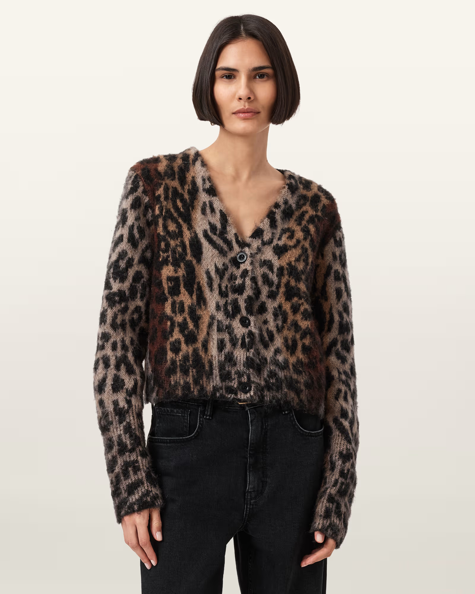 AllSaints Acrylic/Mohair Wick Leopard Jacquard Cropped Cardigan, Size: XS | AllSaints UK