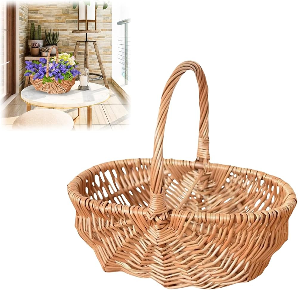 Rattan Wicker Woven Basket with Handle, Portable Garden Harvest Basket Wicker Storage Baskets for... | Amazon (US)