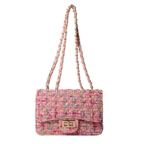 Women's Tweed Plaid Square Bag, Large Capacity Quilted Woven Embroidered Shoulder Bag, Ladies Woolen Handbag Clutch Tote (Pink) | Amazon (US)