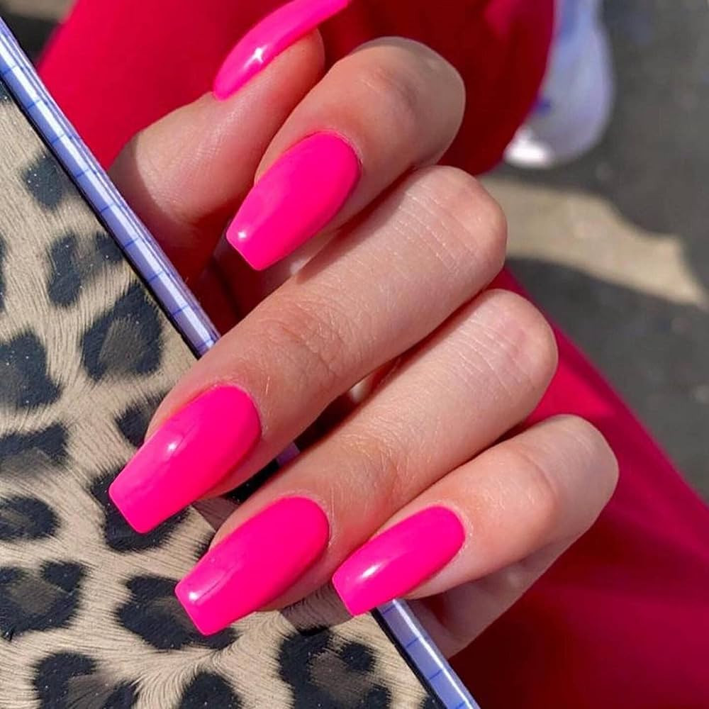 KQueenest Hot Pink Press on Nails Medium Long,Thick Glue on Nails Medium Coffin Nails Press on Fa... | Amazon (US)